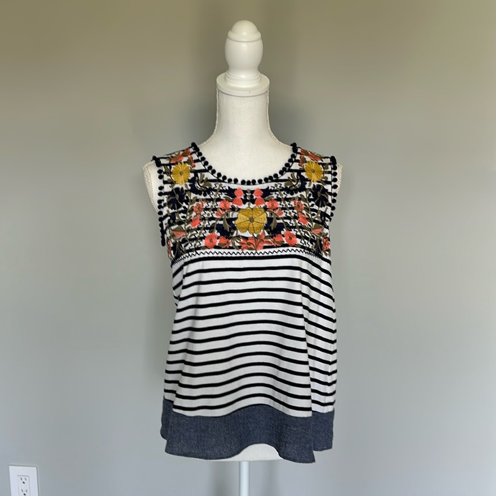 THML Striped Tank Top with Floral Embroidery - White, Black, Yellow, Coral